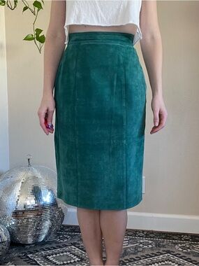 Vintage Green Suede Midi Pencil Skirt